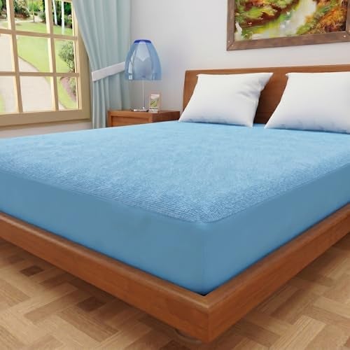 Lithara Terry Cotton Fitted Mattress Protector for Queen/Double Bed | Waterproof & Elastic Band | Ultra Soft & Hypoallergenic Mattress Cover | Size : 60 x 80 Inches (5 x 6.67 Feet) | (Sky Blue) - Image 1
