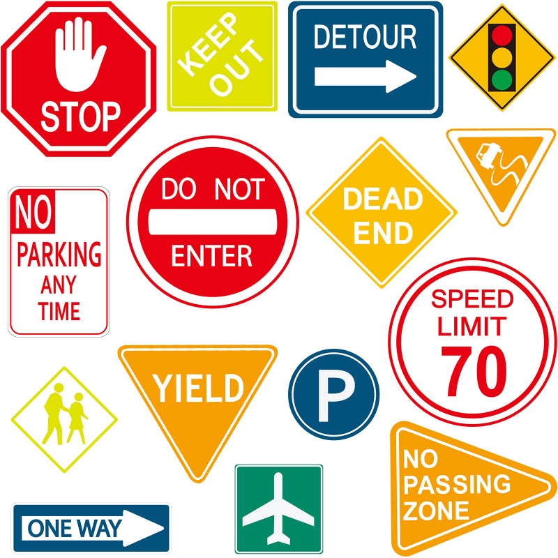Zonon Zonon 15 Pieces Road Signs Wall Decal Traffic Street Signs Stickers Stop Street Transportation Vinyl Wall Decals for Kids Bedroom Classroom Playroom Birthday Decor