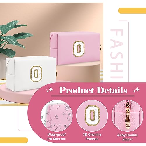 ChaoGreat Personalized Initial A-Z Preppy Patch Makeup Bag,Small PU Chenille Letter Cosmetic Bag with Zipper for Teen Girls,Pink Cute Toiletry Organizer Bag,Monogram Makeup Case Gift for Women Girls,Letter O - Image 3