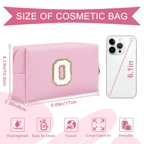 ChaoGreat Personalized Initial A-Z Preppy Patch Makeup Bag,Small PU Chenille Letter Cosmetic Bag with Zipper for Teen Girls,Pink Cute Toiletry Organizer Bag,Monogram Makeup Case Gift for Women Girls,Letter O - Image 2