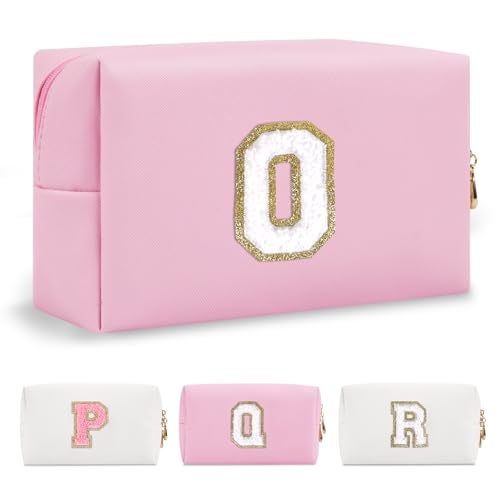 ChaoGreat Personalized Initial A-Z Preppy Patch Makeup Bag,Small PU Chenille Letter Cosmetic Bag with Zipper for Teen Girls,Pink Cute Toiletry Organizer Bag,Monogram Makeup Case Gift for Women Girls,Letter O - Image 1