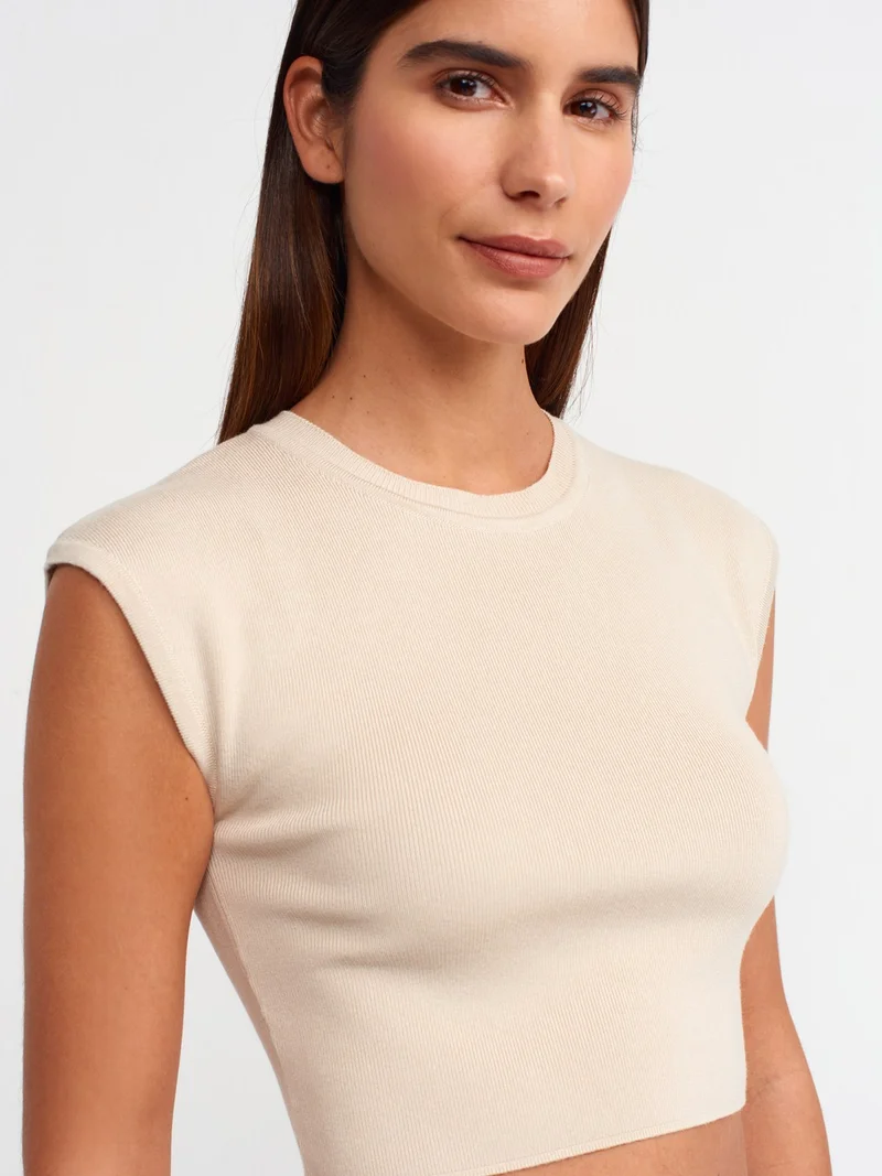 Dilvin 10525 Crew Neck Short Sleeve Knitwear Top-Stone