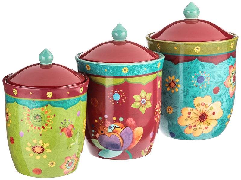Tunisian Sunset 3Piece Ceramic Canister Set  Colorful Floral Kitchen Storage Jars with Lids Includes 104 oz 72 oz and 54 oz Sizes for Flour Sugar Coffee  Dry Goods