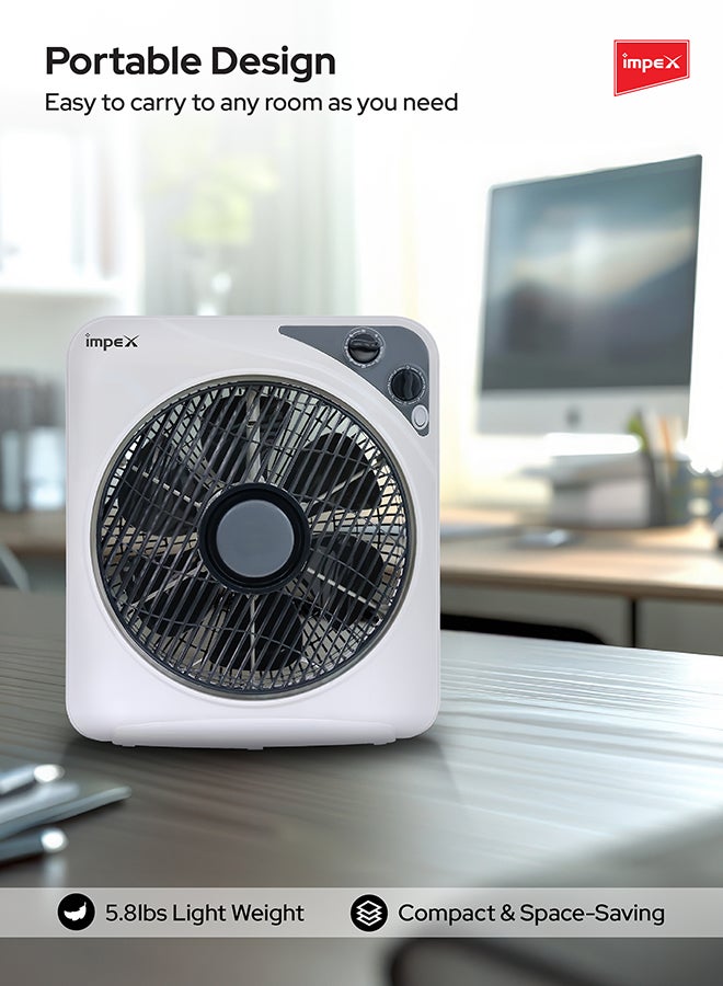 Impex 12 Inch Box Fan BF 7512 Powerful Cooling With 3 Speed Modes, Timer, Child Safety Grill, Copper Motor BF7512 White - Image 4