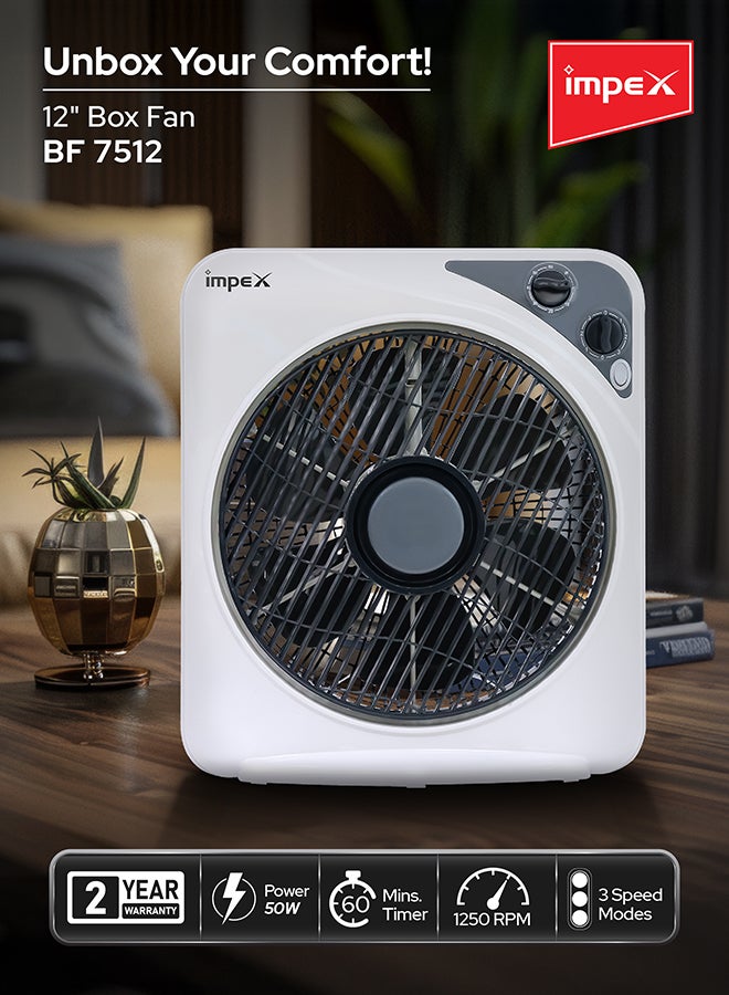 Impex 12 Inch Box Fan BF 7512 Powerful Cooling With 3 Speed Modes, Timer, Child Safety Grill, Copper Motor BF7512 White - Image 2