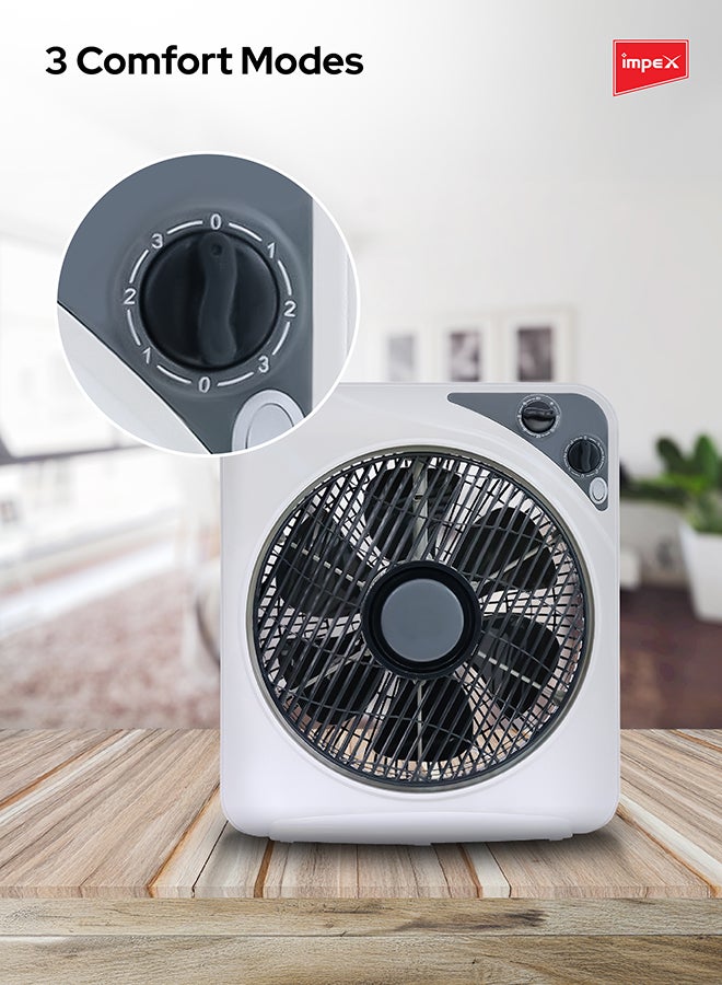 Impex 12 Inch Box Fan BF 7512 Powerful Cooling With 3 Speed Modes, Timer, Child Safety Grill, Copper Motor BF7512 White - Image 3