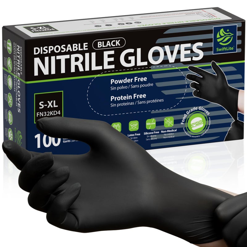 SWIFTLITE Disposable Nitrile Gloves Black, Food Safe Rubber Gloves Latex-Free Powder-Free for Cooking Food Prep Kitchen Clean (Medium, 100) - Image 1