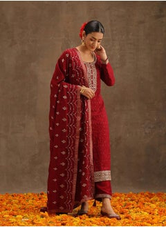 Silk Embroidered Kurta and Solid Trousers with Embroidered Dupatta Set by Styli