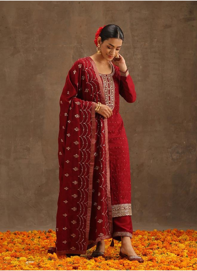 Libas - Silk Embroidered Kurta and Solid Trousers with Embroidered Dupatta Set by Styli - Image 1