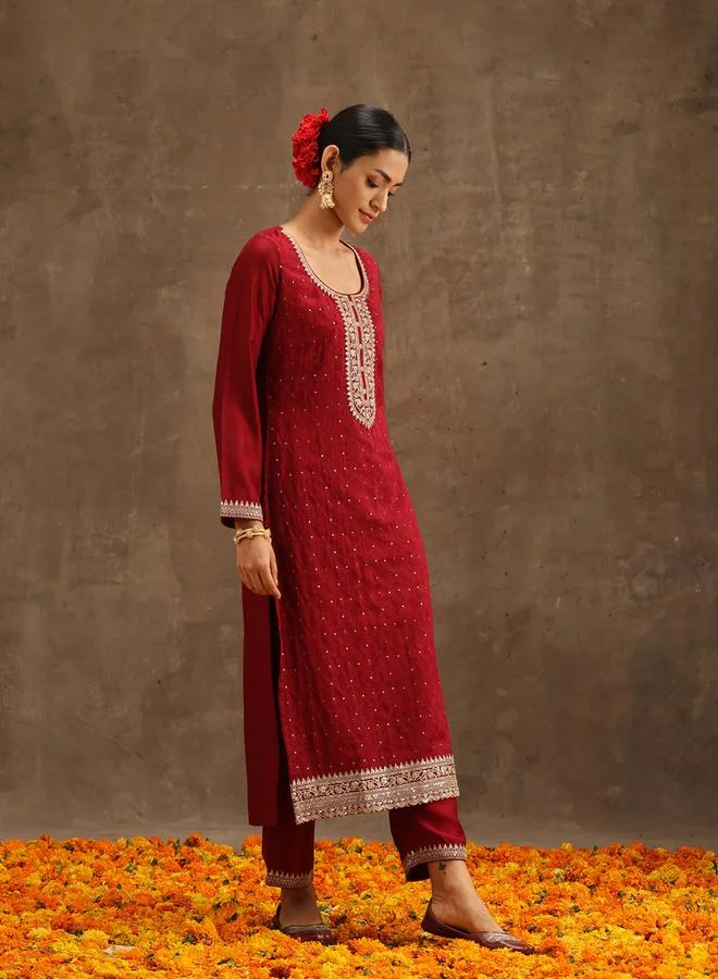 Libas Silk Embroidered Kurta and Solid Trousers with Embroidered Dupatta Set by Styli