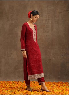 Libas Silk Embroidered Kurta and Solid Trousers with Embroidered Dupatta Set by Styli  - Image 3