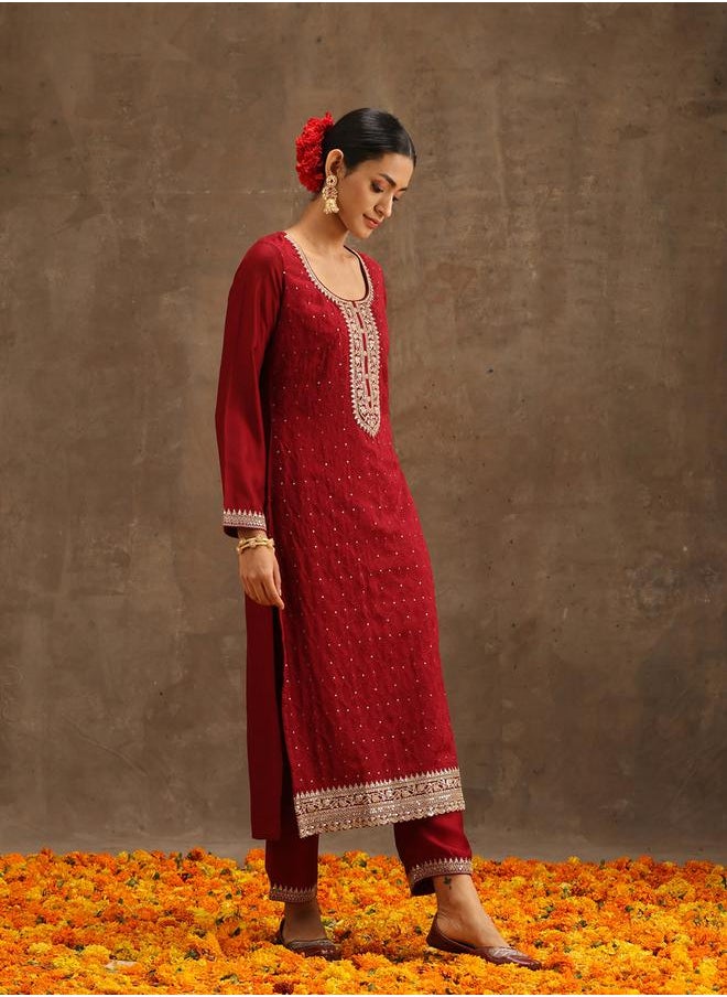 Libas - Silk Embroidered Kurta and Solid Trousers with Embroidered Dupatta Set by Styli - Image 1