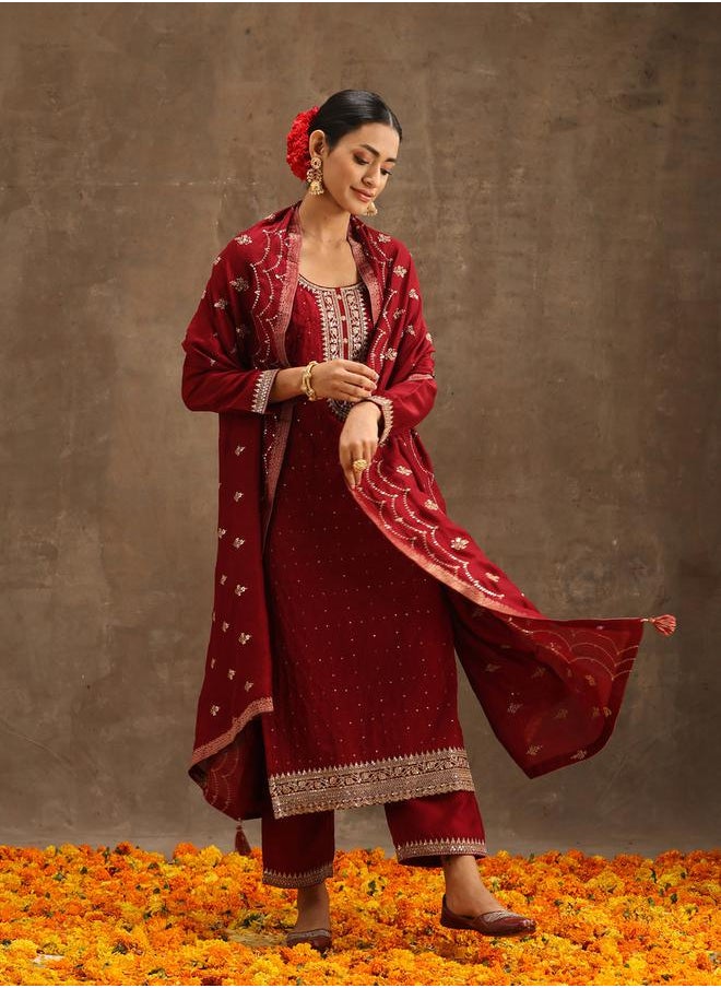 Libas - Silk Embroidered Kurta and Solid Trousers with Embroidered Dupatta Set by Styli - Image 1
