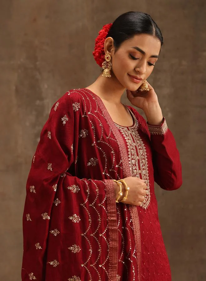 Libas Silk Embroidered Kurta and Solid Trousers with Embroidered Dupatta Set by Styli