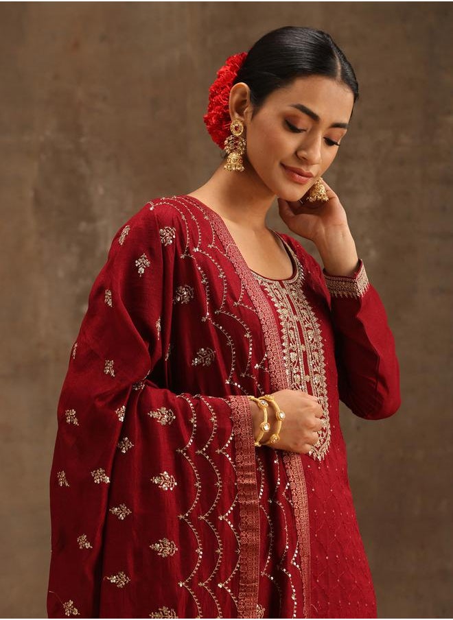 Libas - Silk Embroidered Kurta and Solid Trousers with Embroidered Dupatta Set by Styli - Image 1