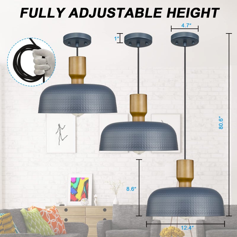 Darkaway Pendant Light Fixtures Ceiling Hanging with Hammered Metal Shade, Modern Pendant Light for Kitchen Island Lighting Hanging Lamp Adjustable Height, Medium 2 Pack - Image 5