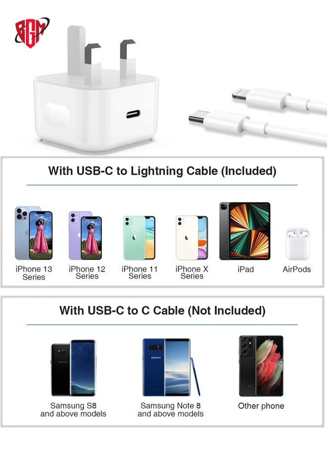 BGM - iPhone 13 Charger Plug and Cable, 20W USB C Plug with USB C Lightning Cable, USB C Apple Lightning Cable and iPhone Plug uk Charger for iPhone 13 Pro Max/12/12Mini/11/XR/XS/X/8 - Image 1
