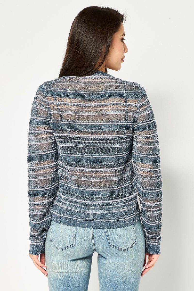 promod Women V-Neck Long Sleeve Metallic Blouse, Multicolor - Image 4