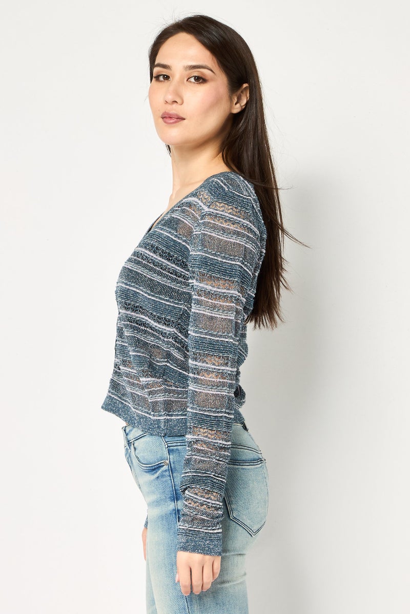 promod Women V-Neck Long Sleeve Metallic Blouse, Multicolor - Image 2