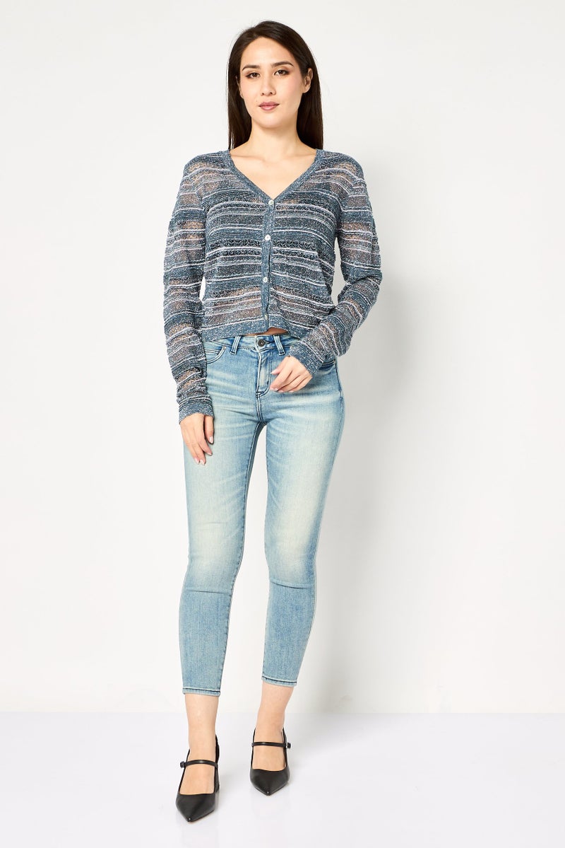 promod Women V-Neck Long Sleeve Metallic Blouse, Multicolor - Image 3