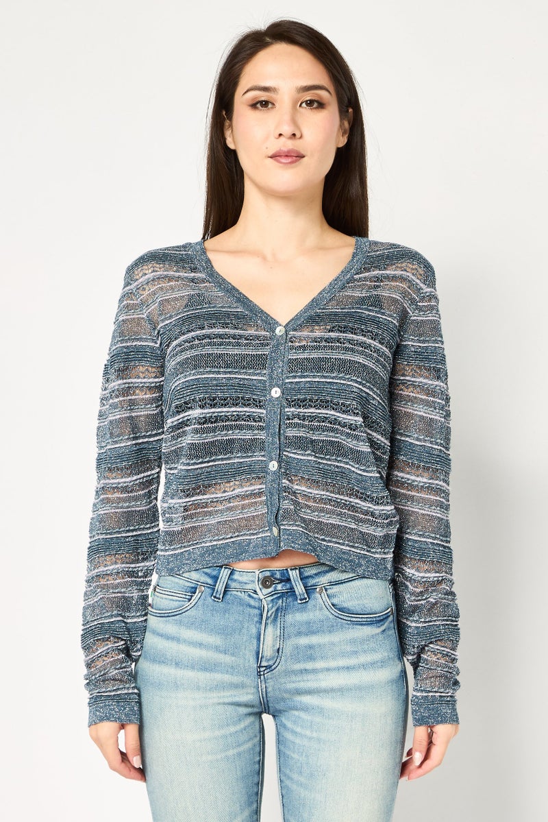 promod Women V-Neck Long Sleeve Metallic Blouse, Multicolor - Image 1