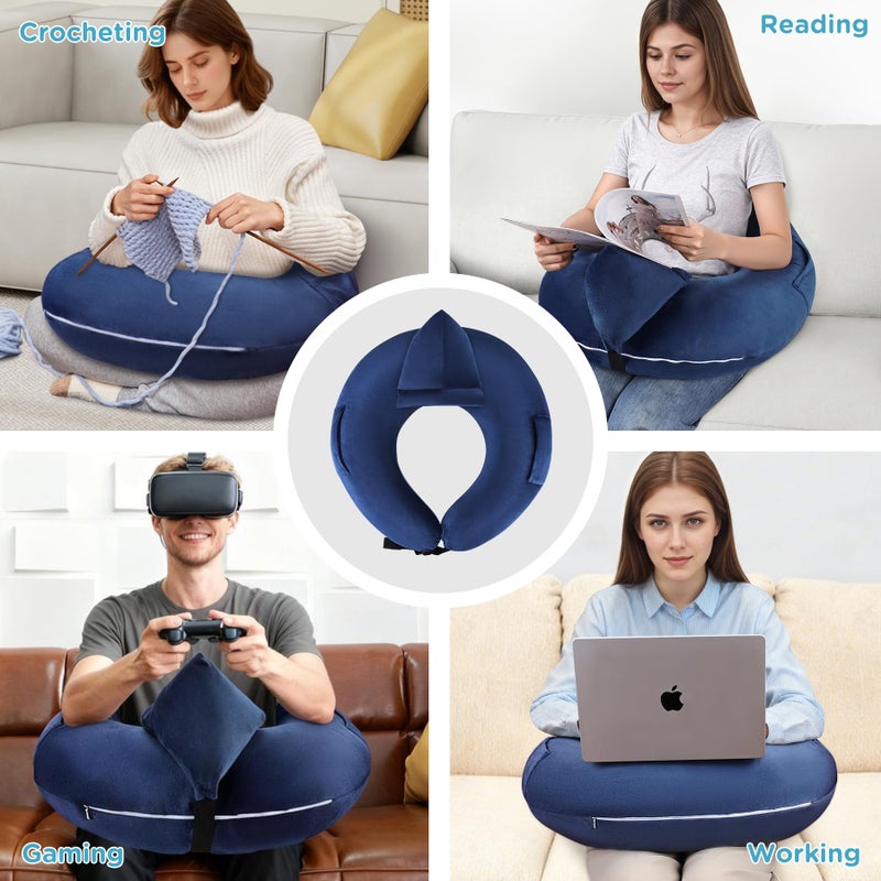 DREAMANIA Crochet Lap Support Pillow - Multi-Purpose Reading Pillow for Gaming/Working/Nursing, with Removable Extra Back Pillow for Lumbar & Back Support, Enlarged U-Shape Gaming Lap Pillow, Blue - Image 4