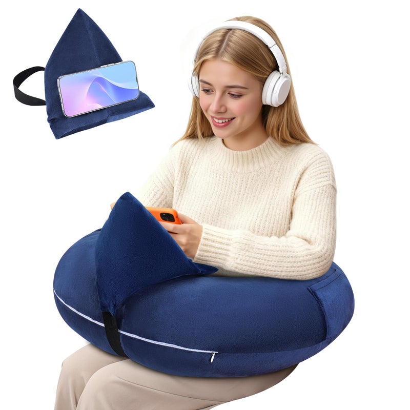 DREAMANIA Crochet Lap Support Pillow - Multi-Purpose Reading Pillow for Gaming/Working/Nursing, with Removable Extra Back Pillow for Lumbar & Back Support, Enlarged U-Shape Gaming Lap Pillow, Blue - Image 1