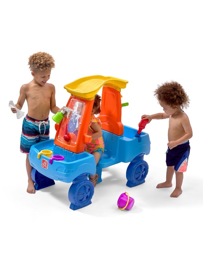 ستيب2 مركز رش غسيل السيارات من ستيب 2، طاولة مياه خارجية ومجموعة ألعاب حسية، لعبة نشاط مع جدار مطر مزدوج، 13 قطعة إكسسوارات، مركز أنشطة في الفناء الخلفي، مناسب للأطفال من الأولاد والبنات من سن 3 سنوات فما فوق - Image 1