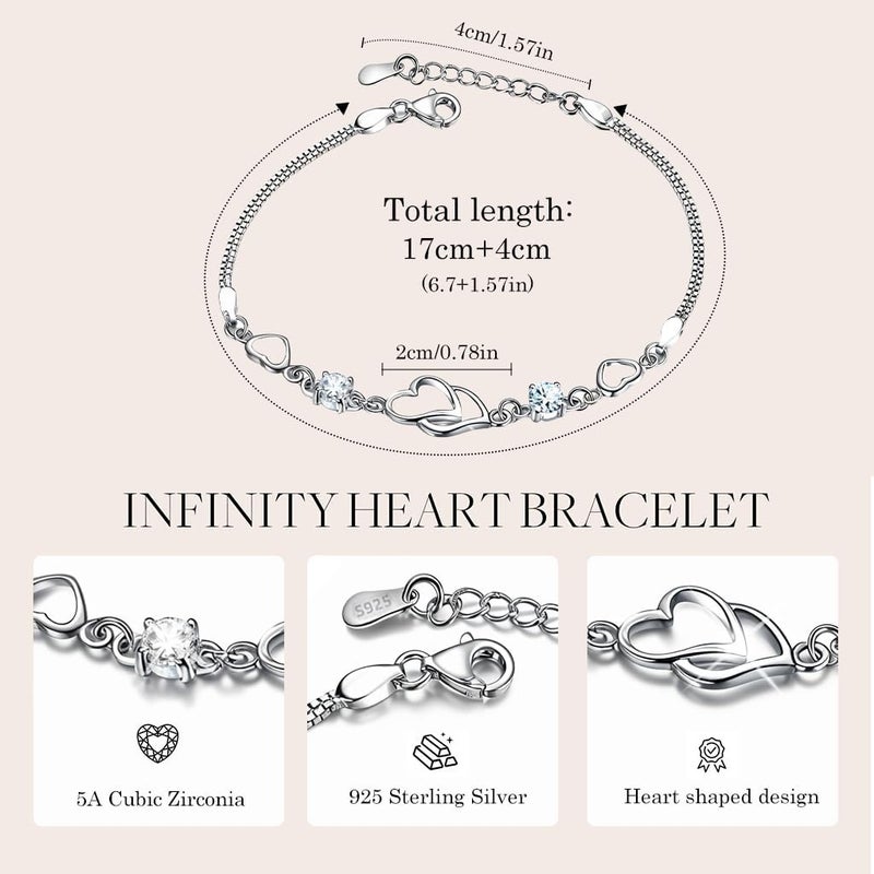 HANNEA® Chic Bangle for for Girls Women Heart Link Bracelet Sparkling Rhinestone Embellishment Metal Silver Bracelet Women Jewelry Gift - Image 3