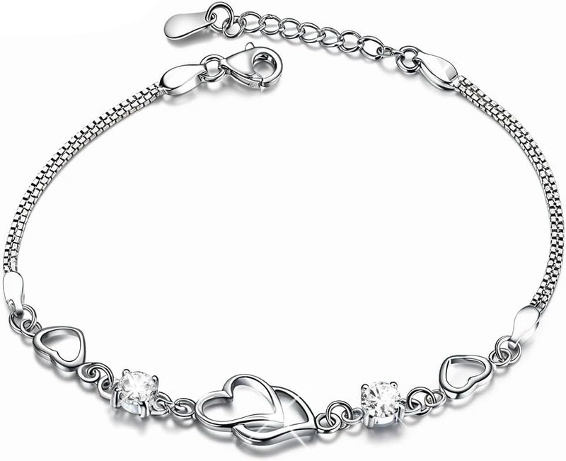 HANNEA® Chic Bangle for for Girls Women Heart Link Bracelet Sparkling Rhinestone Embellishment Metal Silver Bracelet Women Jewelry Gift - Image 1