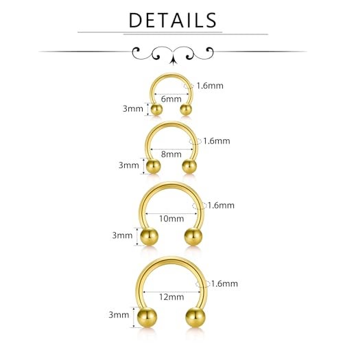 D.Bella 8PCS 16G Stainless Steel Nose Septum Horseshoe Earring Eyebrow Septum Lip Helix Tragus Piercing Ring 6-12mm Gold Piercing Jewelry - Image 3