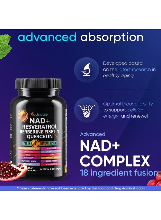 متجر أدندال مكمل NAD. تركيبة لإطالة العمر مع ليبوسومال NAD+، ريسفيراترول ترانس، كيرسيتين، بربارين، بيتايين لا مائي، بذور العنب، فيسيتين. مكمل NAD ريسفيراترول مع بربارين، 90 كبسولة. - Image 4