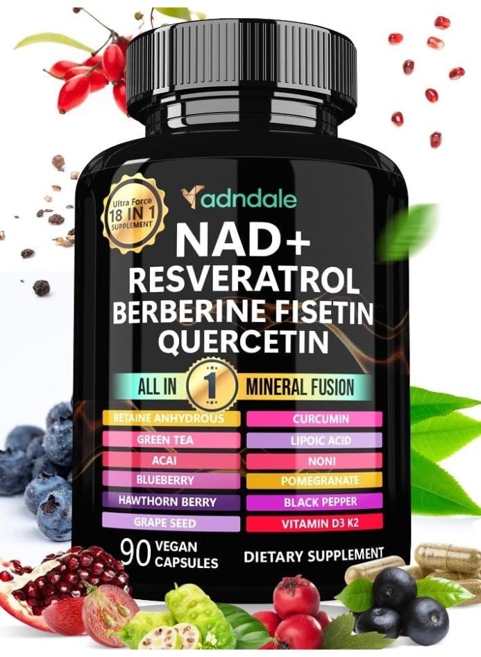 متجر أدندال مكمل NAD. تركيبة لإطالة العمر مع ليبوسومال NAD+، ريسفيراترول ترانس، كيرسيتين، بربارين، بيتايين لا مائي، بذور العنب، فيسيتين. مكمل NAD ريسفيراترول مع بربارين، 90 كبسولة. - Image 1