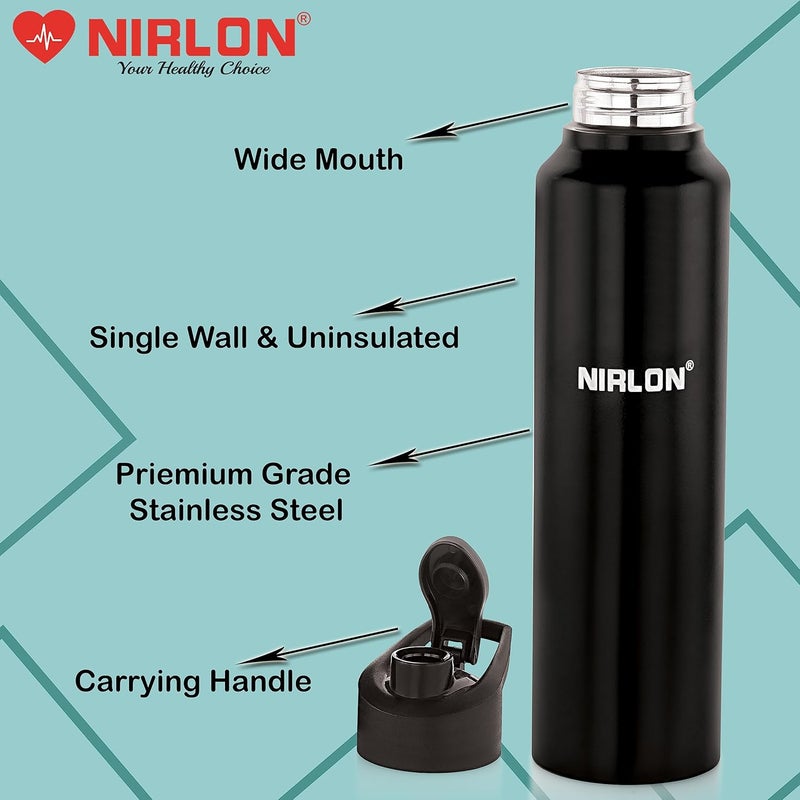 Nirlon زجاجة مياه ستانلس ستيل نيرلون كلاسيك بغطاء سهل الفتح 1000 مل، زجاجات مياه للثلاجة، المدرسة، الصالة الرياضية، المنزل، المكتب، الأولاد، البنات، الأطفال، مقاومة للتسرب (لون أسود | غطاء شرب | مجموعة من 3)  - Image 3
