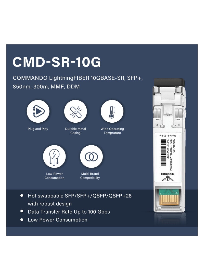 10G SFP+ MMF 300m 850nm Multi-vendor Compatible Transceiver Module - 10GBASE-SR, SFP+, MMF, DDM - Hot Swappable, PnP - Cisco SFP-10G-SR, Huawei, Ubiquiti, D-Link, TP-Link, MikroTik - CMD-SR-10G