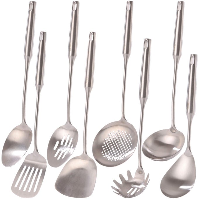 1810 STAINLESS STEEL KITCHEN UTENSILS SET 15 ALL METAL COOKING TOOLS SERVING UTENSILS 8 PCS SOLID SPOON SLOTTED SPOON SPATULA LADLE SKIMMER TUNNER SPAGHETTI SPOON LARGE SPOON SET