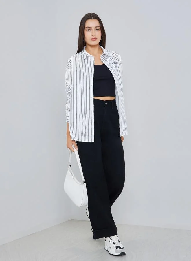 Styli Women Striped Embroidered Oversized Shirt
