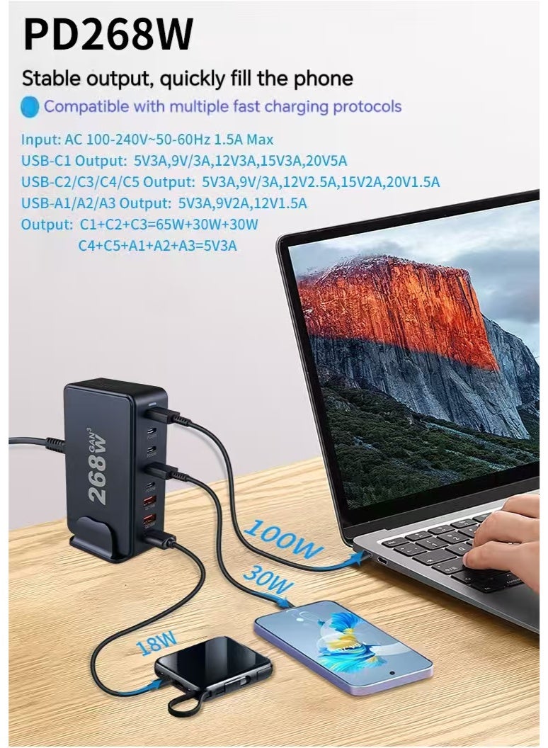 268W USB C Charger, GaN III 8 Port Fast Charging Station Type C Hub, PD 100W Laptop Charger Adapter for MacBook Air, Sumsung S24 S23 S22 Ultra, iPhone 15 14 13, and iPad Pro - Image 3