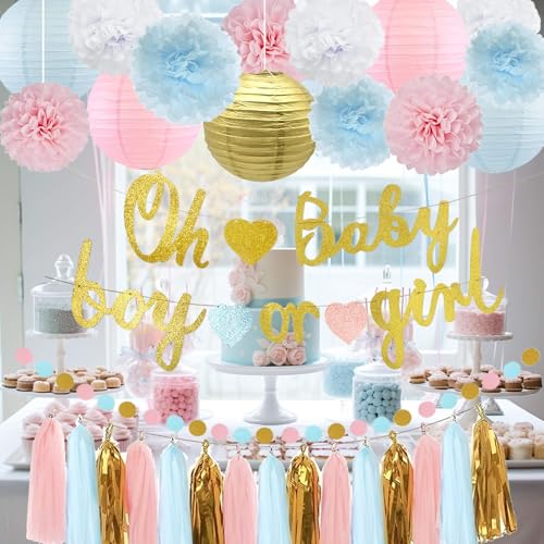 Kiwayo Baby Gender Reveal Decorations Kit- Oh Baby Boy or Girl Banners, PomPoms, Lanterns, Circle Dot & Tassels Garland- Pink and Blue Theme Party Supplies for Baby Shower, Gender Reveal Games Décor - Image 5