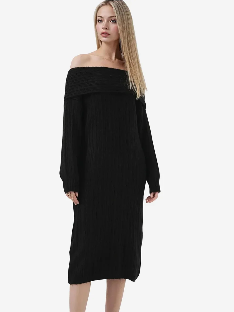 بيغ دارت فستان ميدي محبوك مضلع فضفاض بياقة مادونا