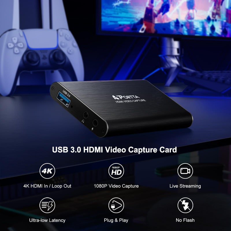Portta HDMI Video Capture Card, Stream and Record in 1080P60 with Ultra-Low Latency, 4K HDMI in/Loop Out, USB 3.0 to PC Compatible with Nintendo Switch 2/PS4/PS5/Xbox/OBS - Image 2