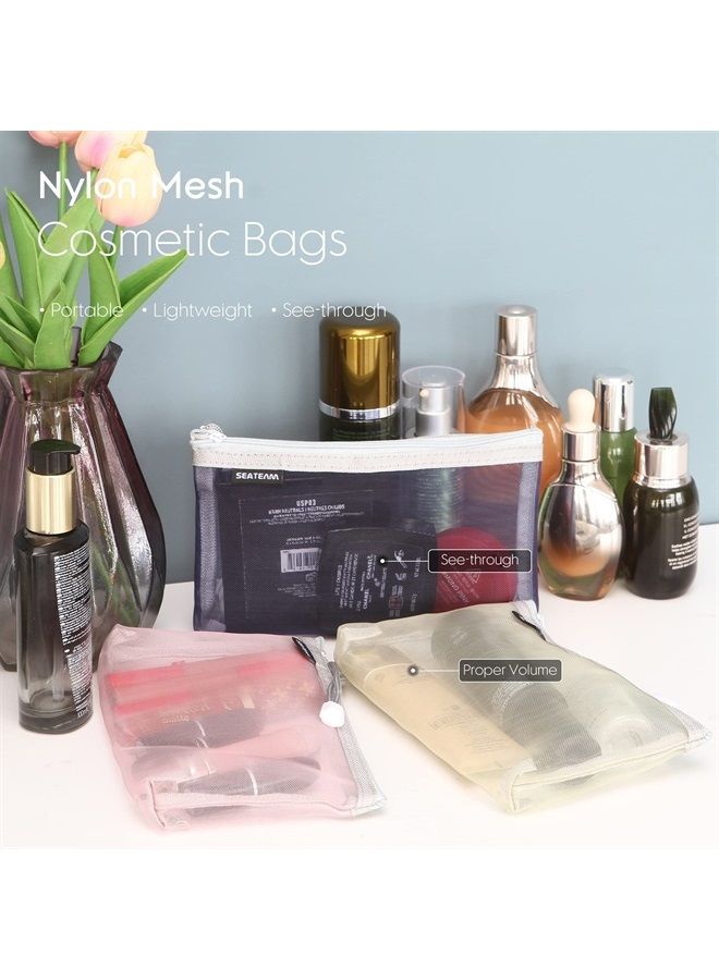 Sea Team 6pcs Multicolored Portable Travel Toiletry Pouch Nylon Mesh Cosmetic Makeup Organizer Bag with Zipper, 9.4 x 2 x 6.3 Inches, Colorful