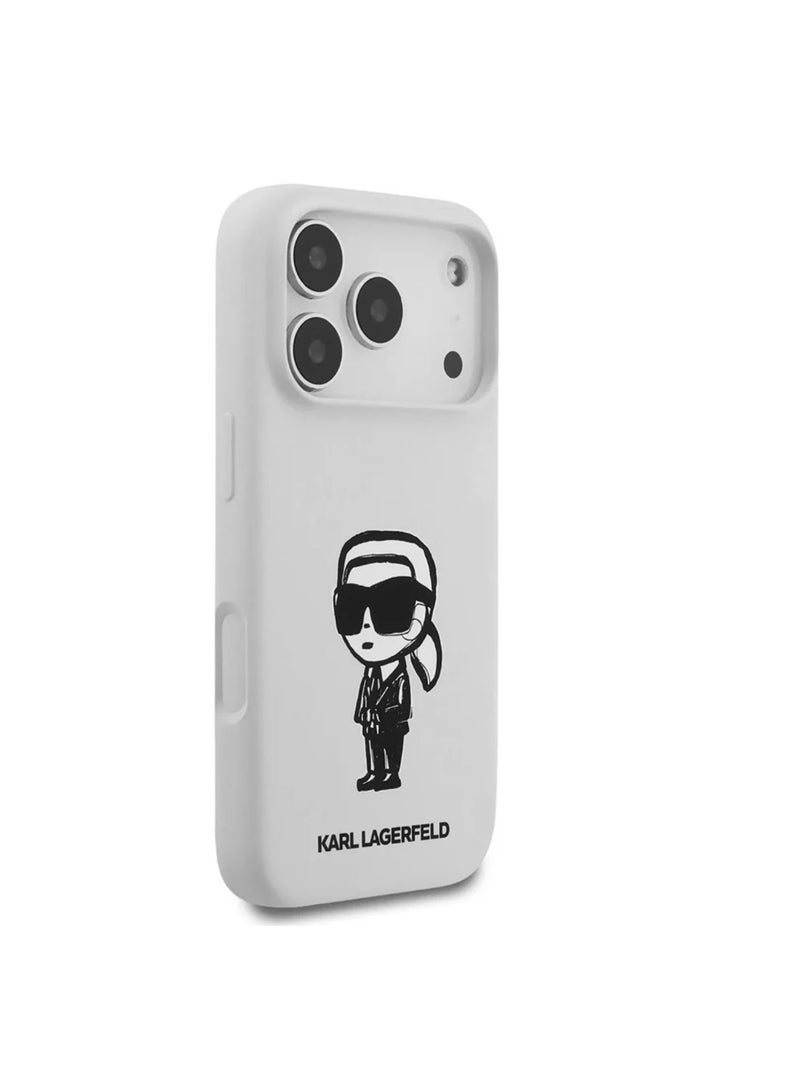 كارل لاغرفيلد غطاء كارل لاغرفيلد سيليكون سائل بتصميم توقيع كارل لهاتف iPhone 17 Pro Max – أبيض