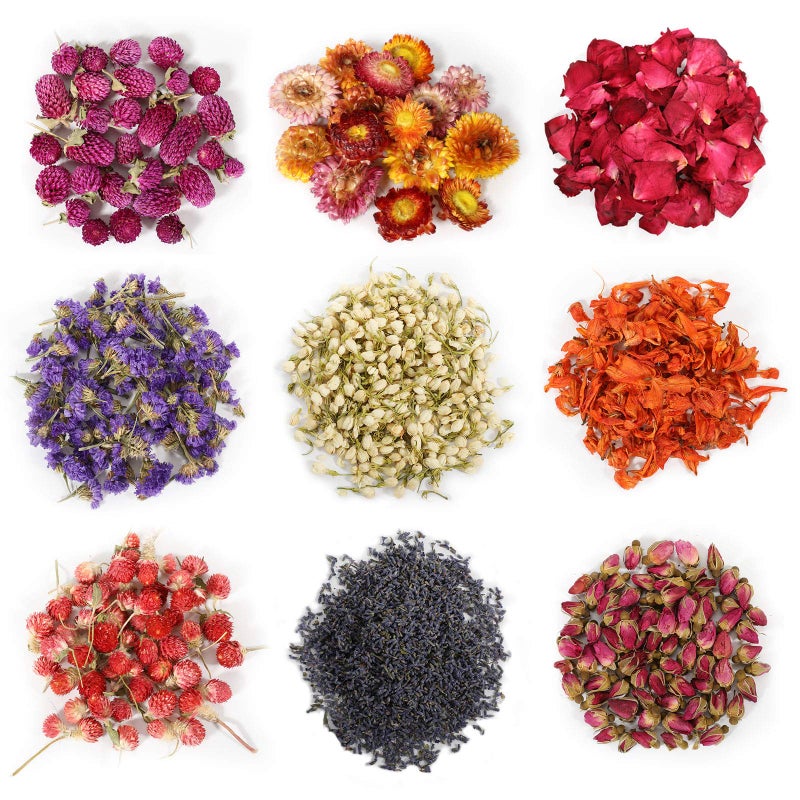 SACATR 9 Bags Dried Flowers100 Natural Dried Flowers Herbs Kit for Soap Making DIY Candle MakingBath  Include Rose PetalsLavenderDont Forget MeLiliumJasmineRosebudsand More 