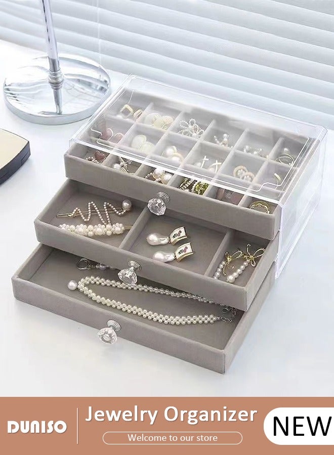 DUNISO Acrylic Jewelry Organizer Box with Tissue Box, 3 Drawers Clear Anti-oxidation Jewelry Boxes for Women, Detachable Velvet Jewelry Display Case for Earring, Bangle, Bracelet, Necklace and Rings Holde  - Image 1