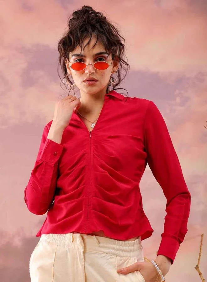 Women Regular Fit Solid Round Neck Long Sleeve Pleated Top