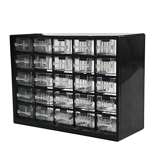 whillar Parts Screws Storage Organizer, Plastic Hardware Art Craft Small Tool Parts Component Organizer Drawer Box 25 Drawers (Black) - Image 1
