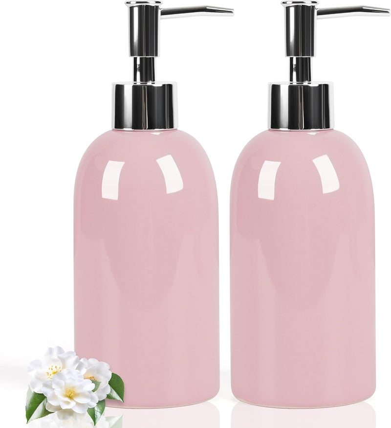 Natheeph 14OZ Ceramic Soap Dispenser Ceramic Soap Pump Dispenser Can Fill Liquid for Bathroom/Kitchen (2PC Pink) - Image 1