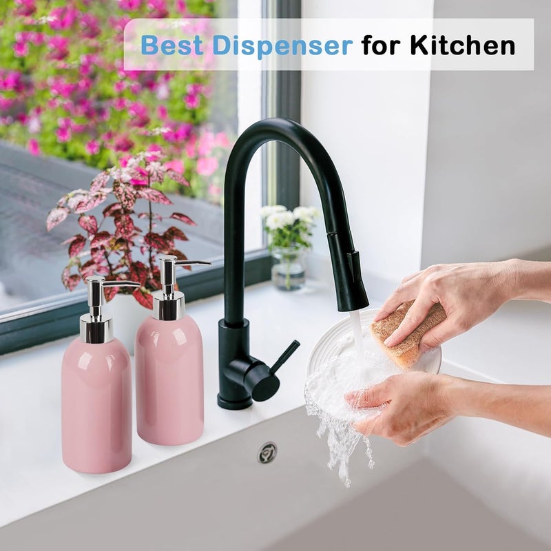 Natheeph 14OZ Ceramic Soap Dispenser Ceramic Soap Pump Dispenser Can Fill Liquid for Bathroom/Kitchen (2PC Pink) - Image 4