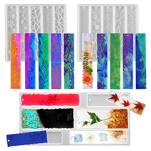 japleed 3 Set of Bookmark Resin Molds Silicone Resin Mold Kit Rectangle Irregular Shaped Bookmark Mould Leaves Geometric Texture Epoxy Resin Casting Mold Unique Keychain Pendant Mold DIY Decor Crafts - Image 1